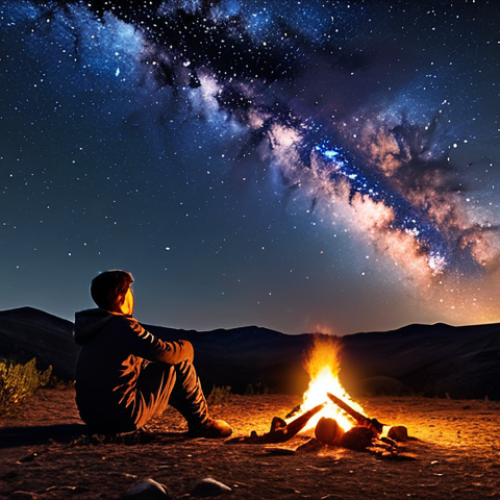 Home 4 A serene off-grid campsite at night, illuminated by solar-powered lights, with a clear view of the Milky Way. A person is sitting by a small campfire, gazing at the stars.