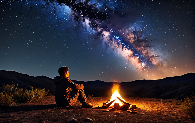 A serene off-grid campsite at night, illuminated by solar-powered lights, with a clear view of the Milky Way. A person is sitting by a small campfire, gazing at the stars.
